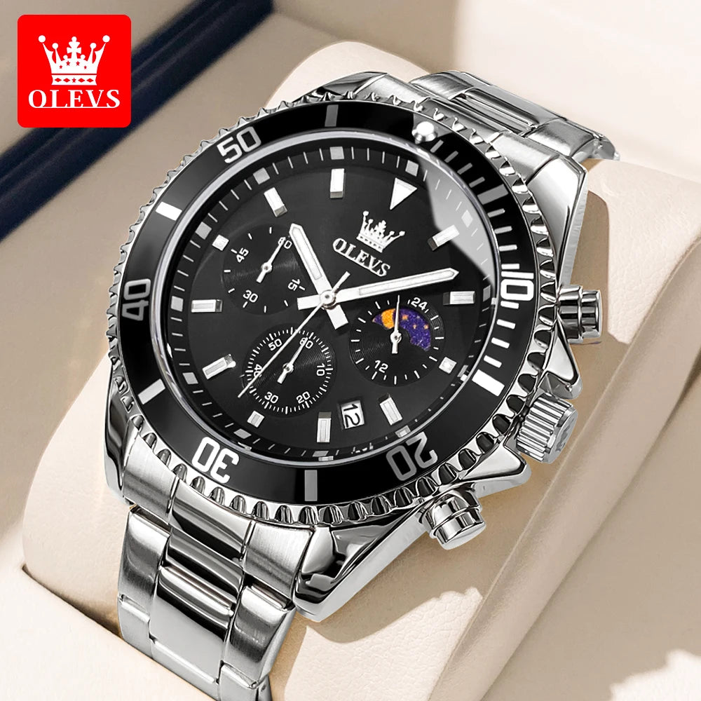 OLEVS chronograph dive watch collection in gold, silver, black, green, and blue with mixed steel bracelets