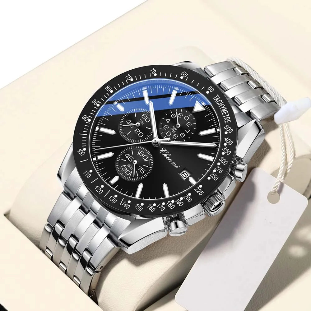 Biden blue racing chronograph watch, leather strap, sunburst dial, subdials, stainless steel case