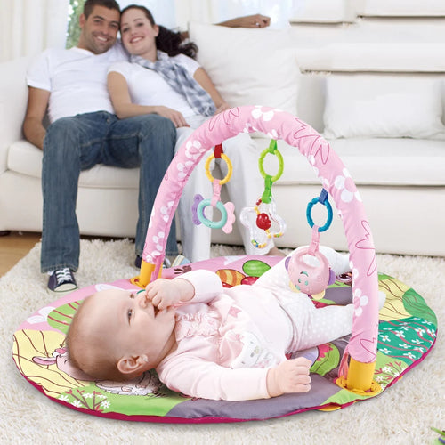 “Baby activity gym mat with hanging toys and soft play area”