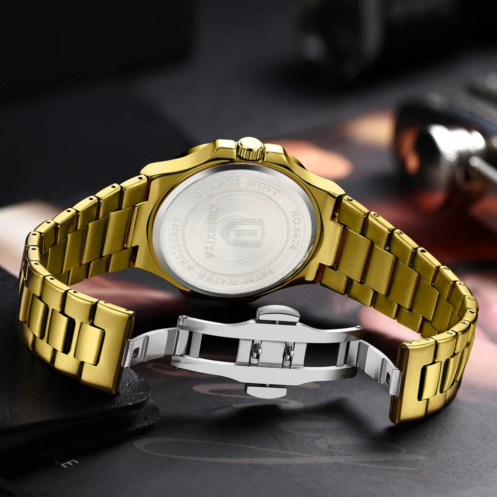 Qingxia gold blue Nautilus quartz watch with blue textured dial and gold link bracelet
