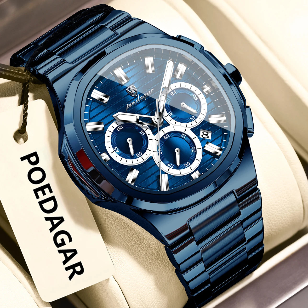 Luxury men’s blue chronograph watch with stainless steel bracelet, sporty dial, and multi-subdial features”