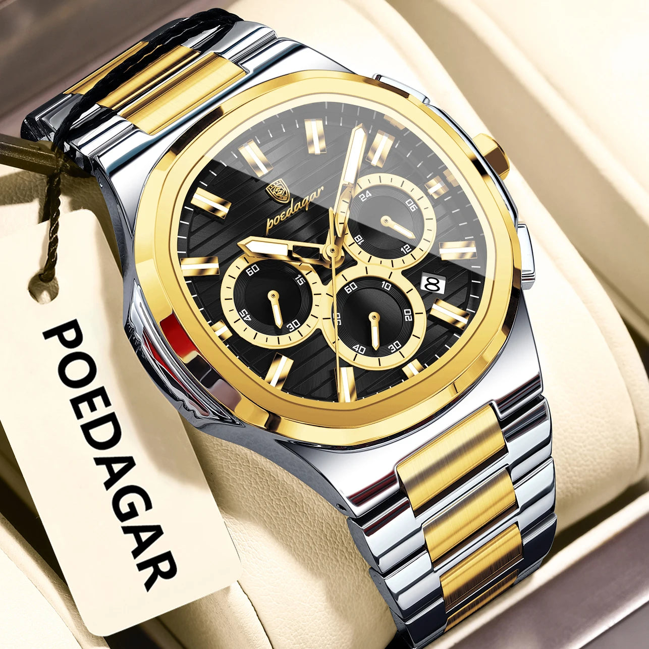 Luxury men’s blue chronograph watch with stainless steel bracelet, sporty dial, and multi-subdial features”