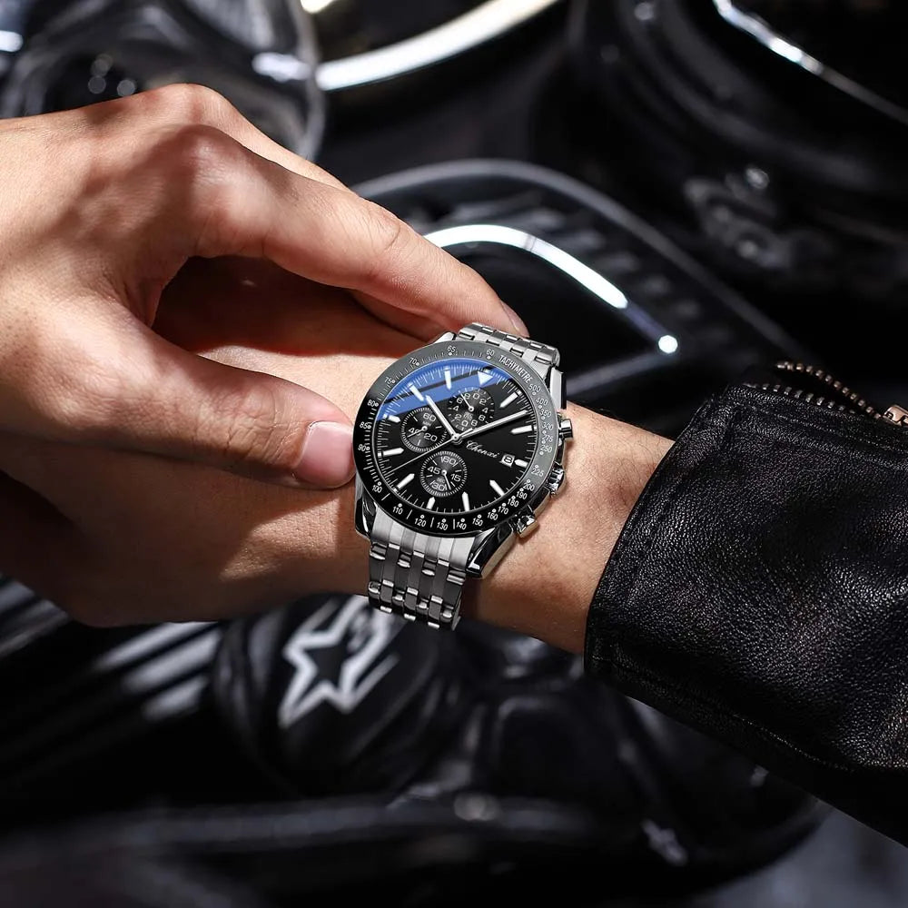 Biden blue racing chronograph watch, leather strap, sunburst dial, subdials, stainless steel case