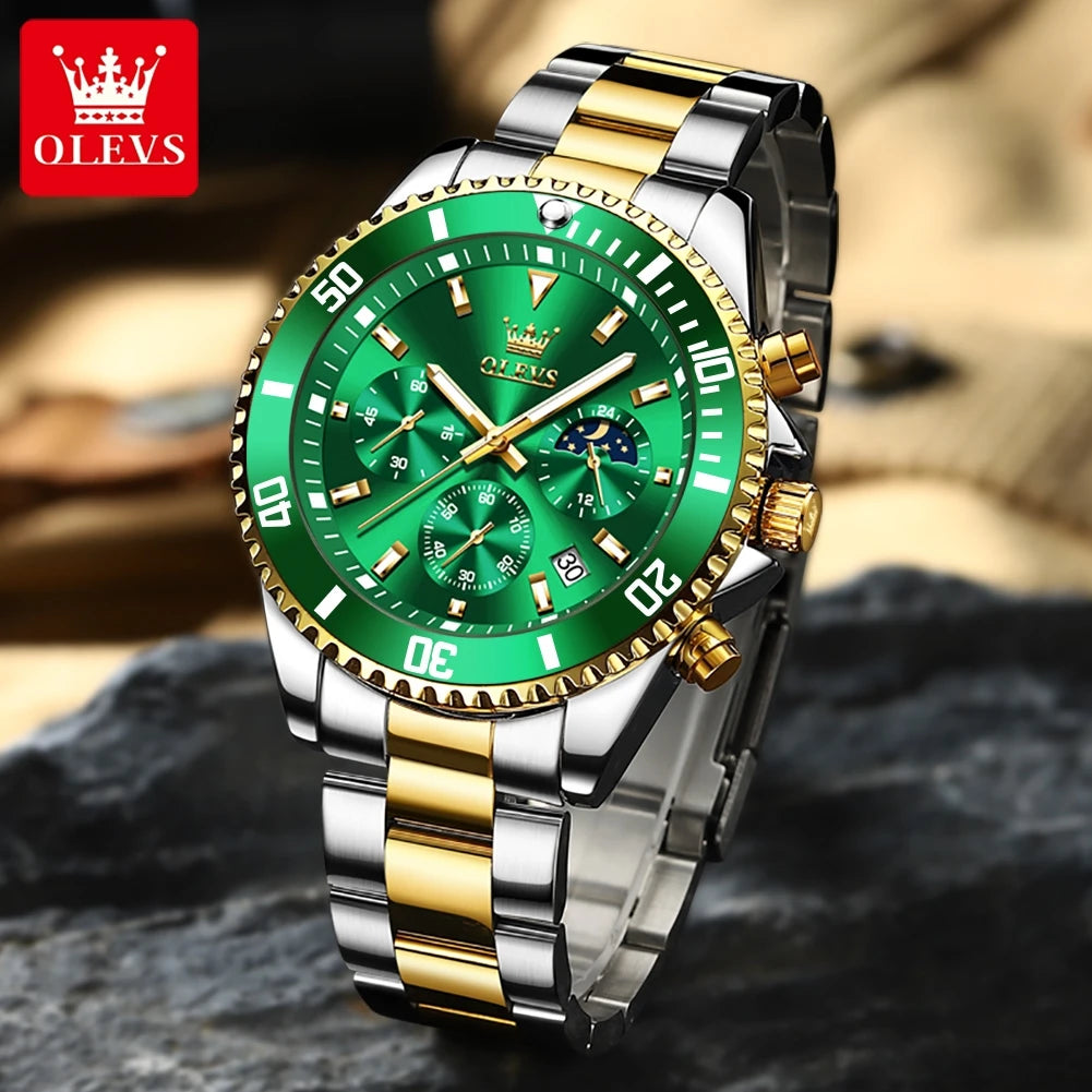 OLEVS chronograph dive watch collection in gold, silver, black, green, and blue with mixed steel bracelets