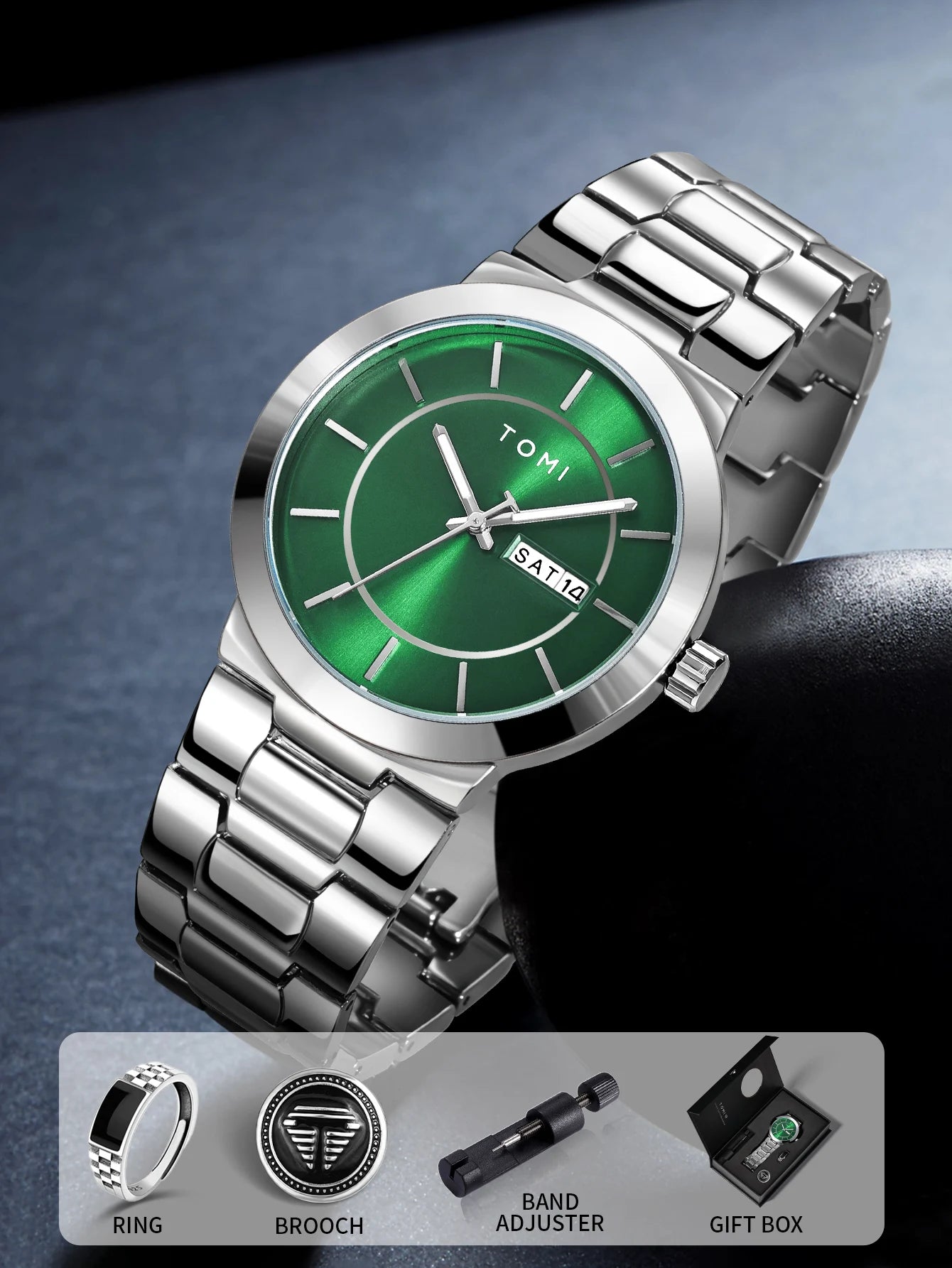 TOMI men’s blue dial minimalist watch with stainless steel bracelet and date display