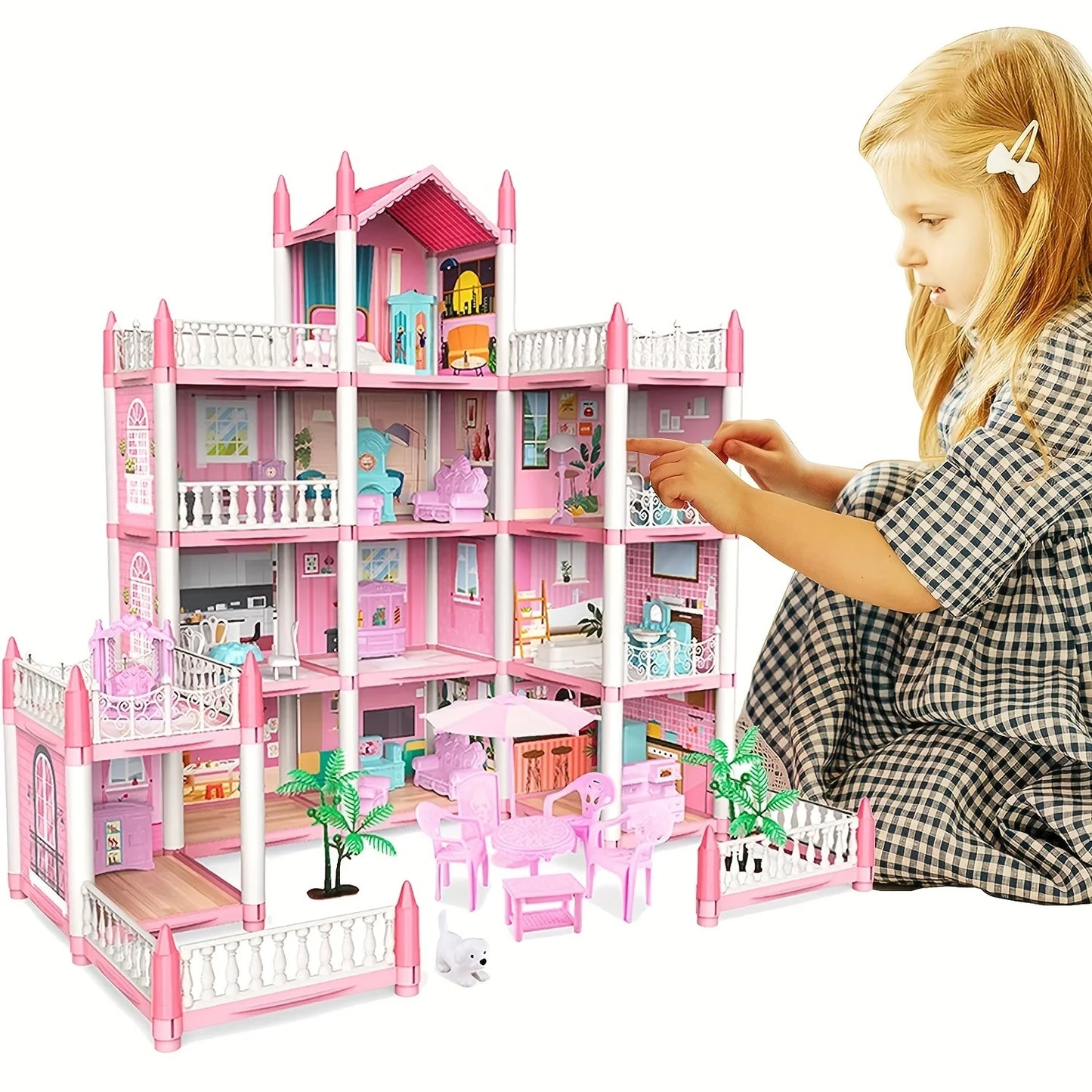 Large multi-story luxury dollhouse playset with family, rooms, and accessories
