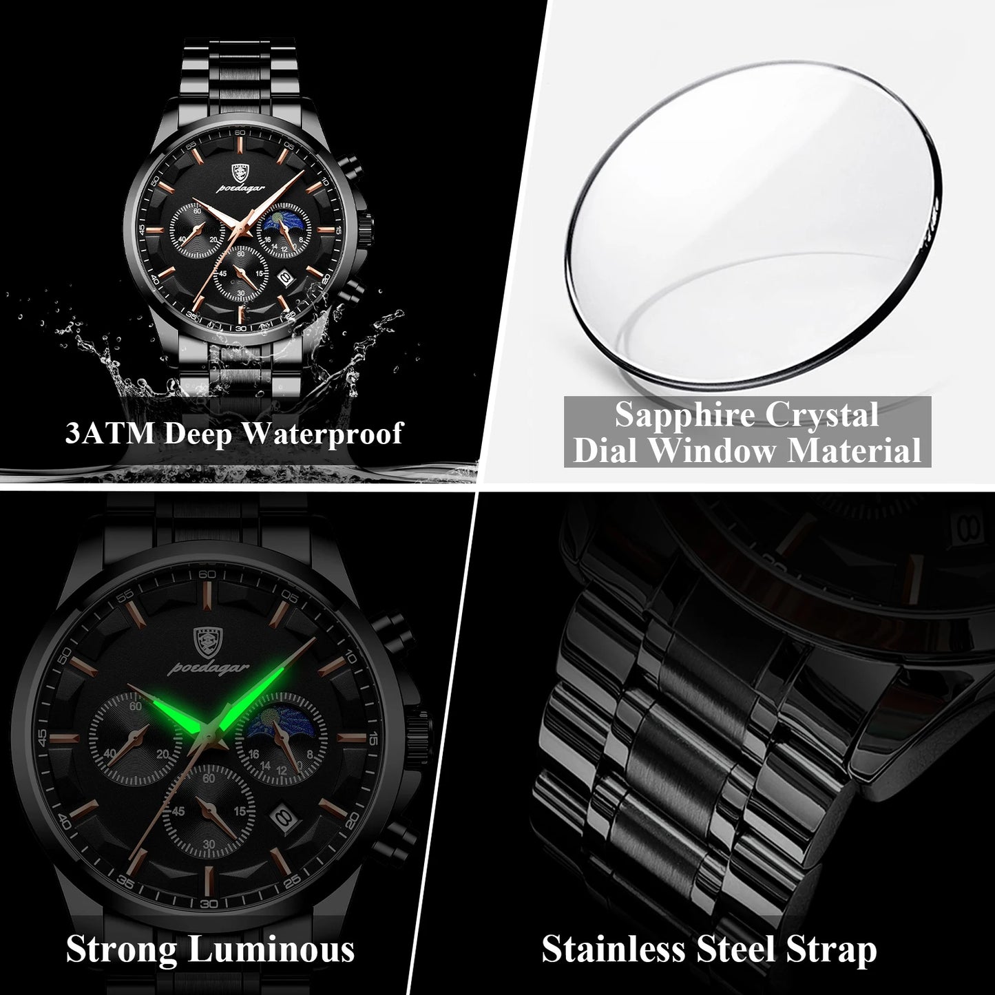 PAGANI DESIGN luxury black chronograph men’s watch with moon phase and subdials