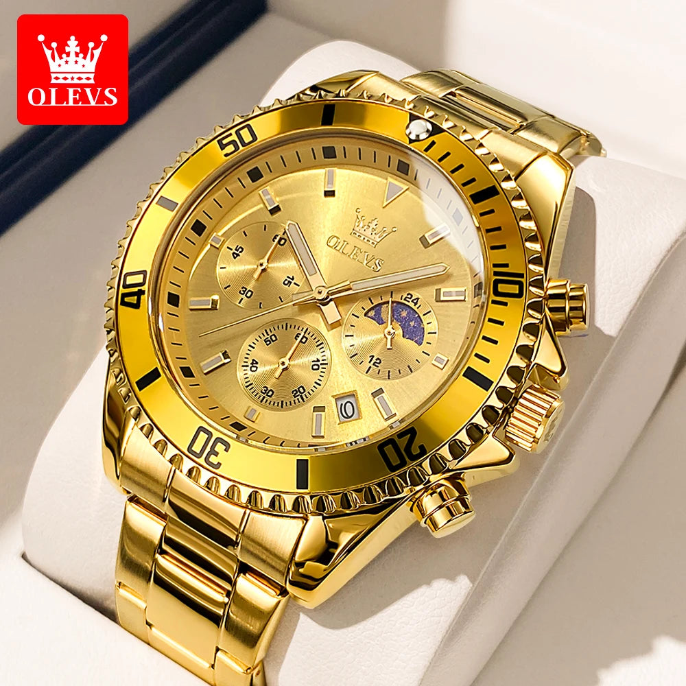 OLEVS chronograph dive watch collection in gold, silver, black, green, and blue with mixed steel bracelets