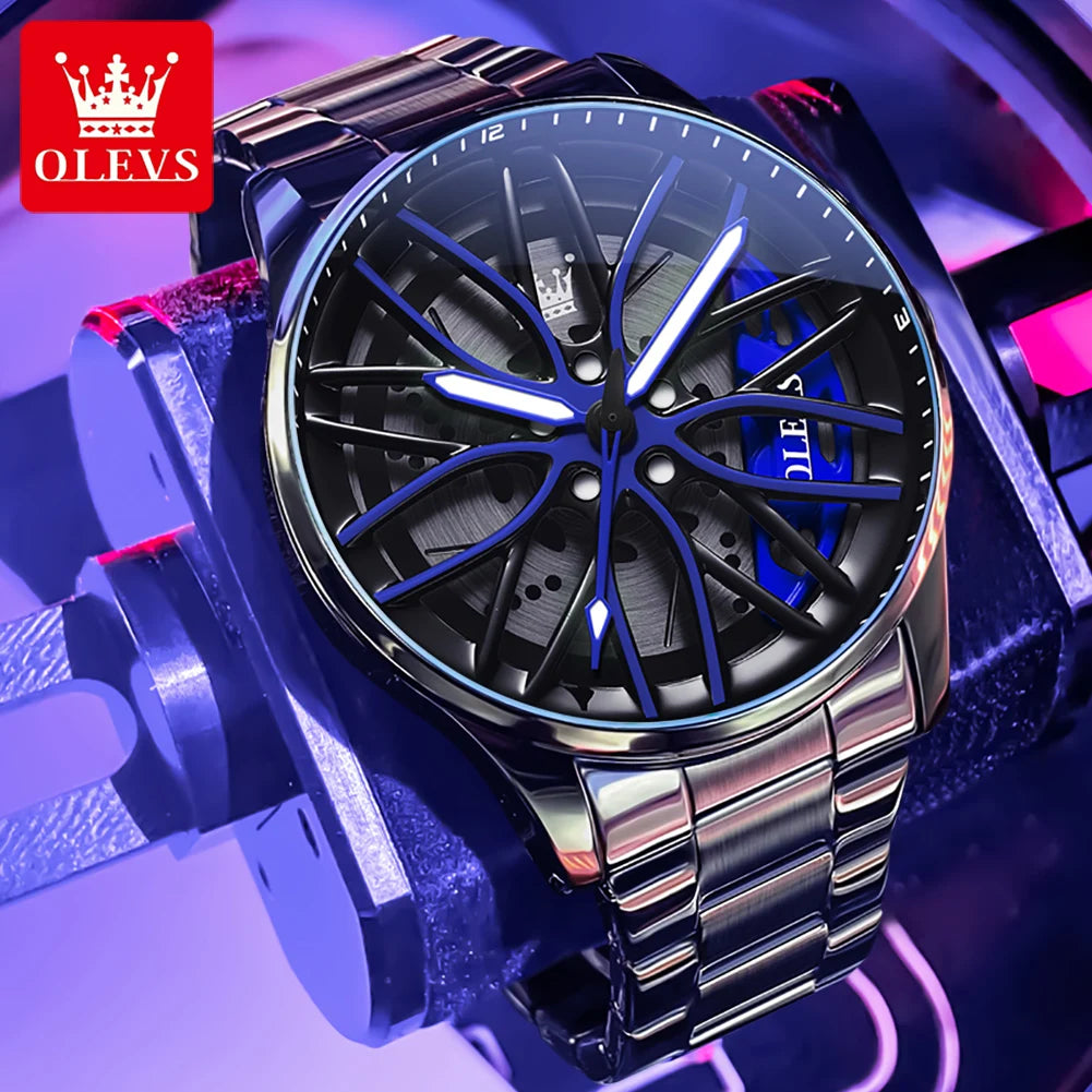 OLEVS men’s green skeleton wheel watch with black stainless bracelet and futuristic luminous dial”