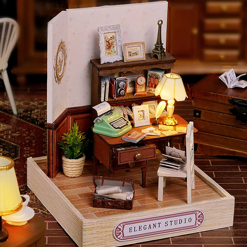 DIY wooden miniature dollhouse craft kit with furniture and lights