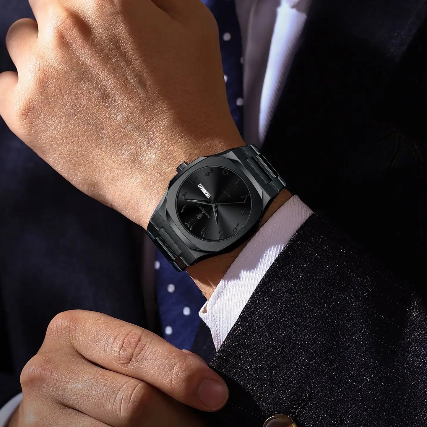 PAGANI DESIGN all-black men’s watch with octagonal case and day date display