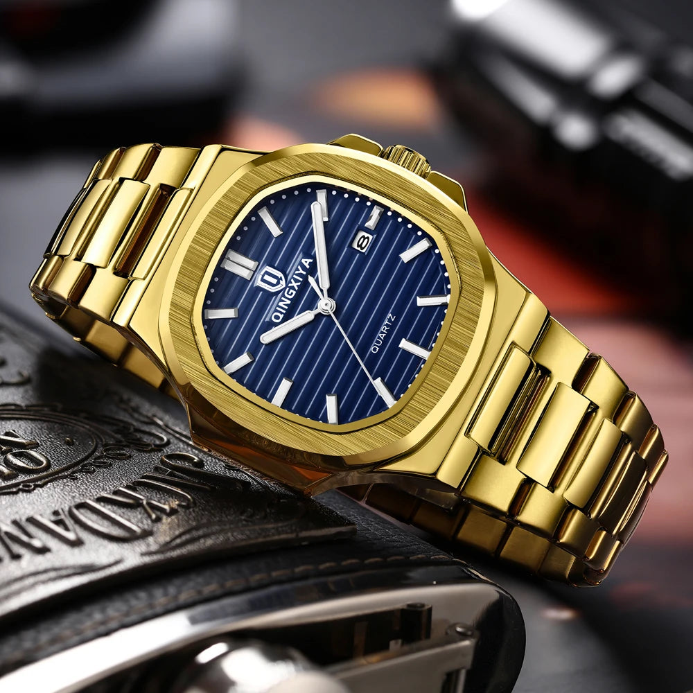 Qingxia gold blue Nautilus quartz watch with blue textured dial and gold link bracelet