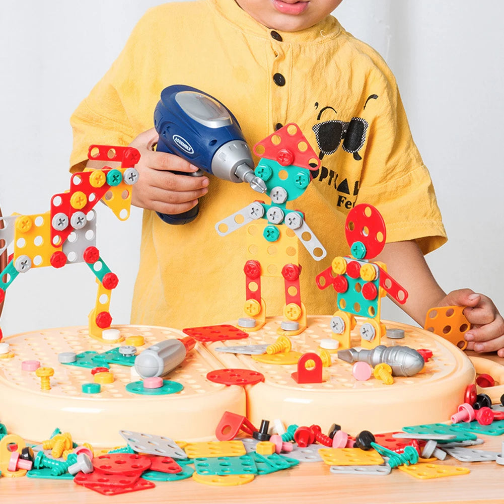 Bear design kids’ STEM drill set with colorful building pieces and case