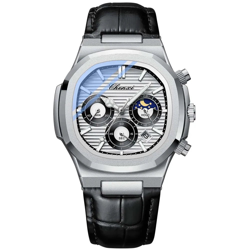 Ekonai blue chronograph watch, silver stainless steel bracelet, textured blue dial, multi-subdials