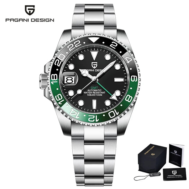 Pagani Design Pepsi GMT automatic men’s watch, red-blue bezel, black dial, Jubilee steel bracelet