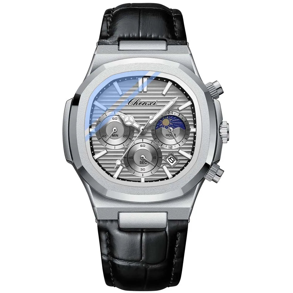 Ekonai blue chronograph watch, silver stainless steel bracelet, textured blue dial, multi-subdials