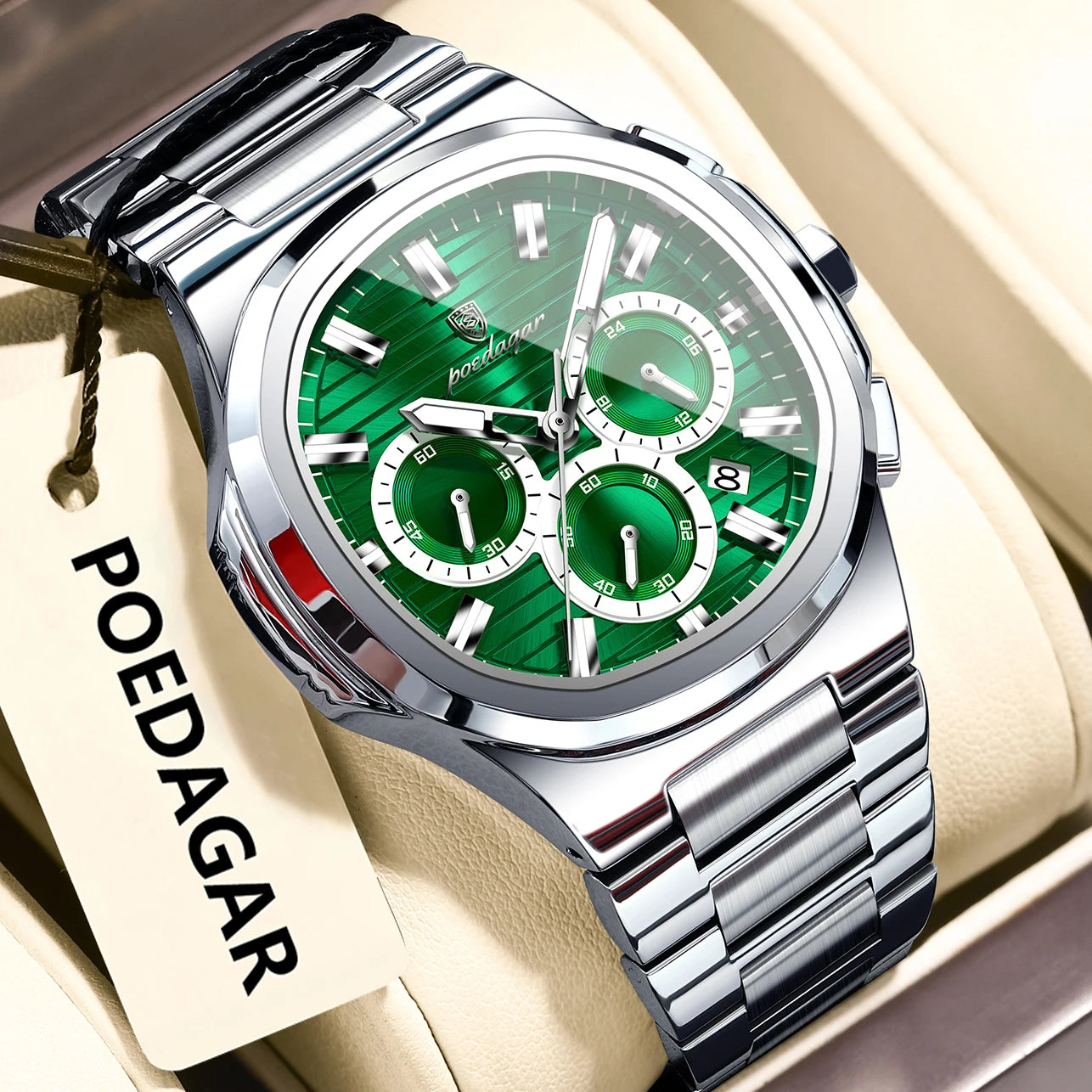 Luxury men’s blue chronograph watch with stainless steel bracelet, sporty dial, and multi-subdial features”
