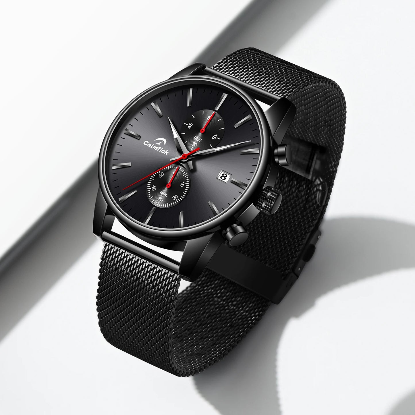 Cheetah black mesh waterproof chronograph watch with blue dial and luminous markers