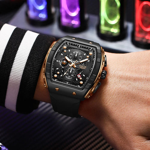 LIGE tonneau sport luxury men’s chronograph watch with black dial, gold accents, silicone strap”