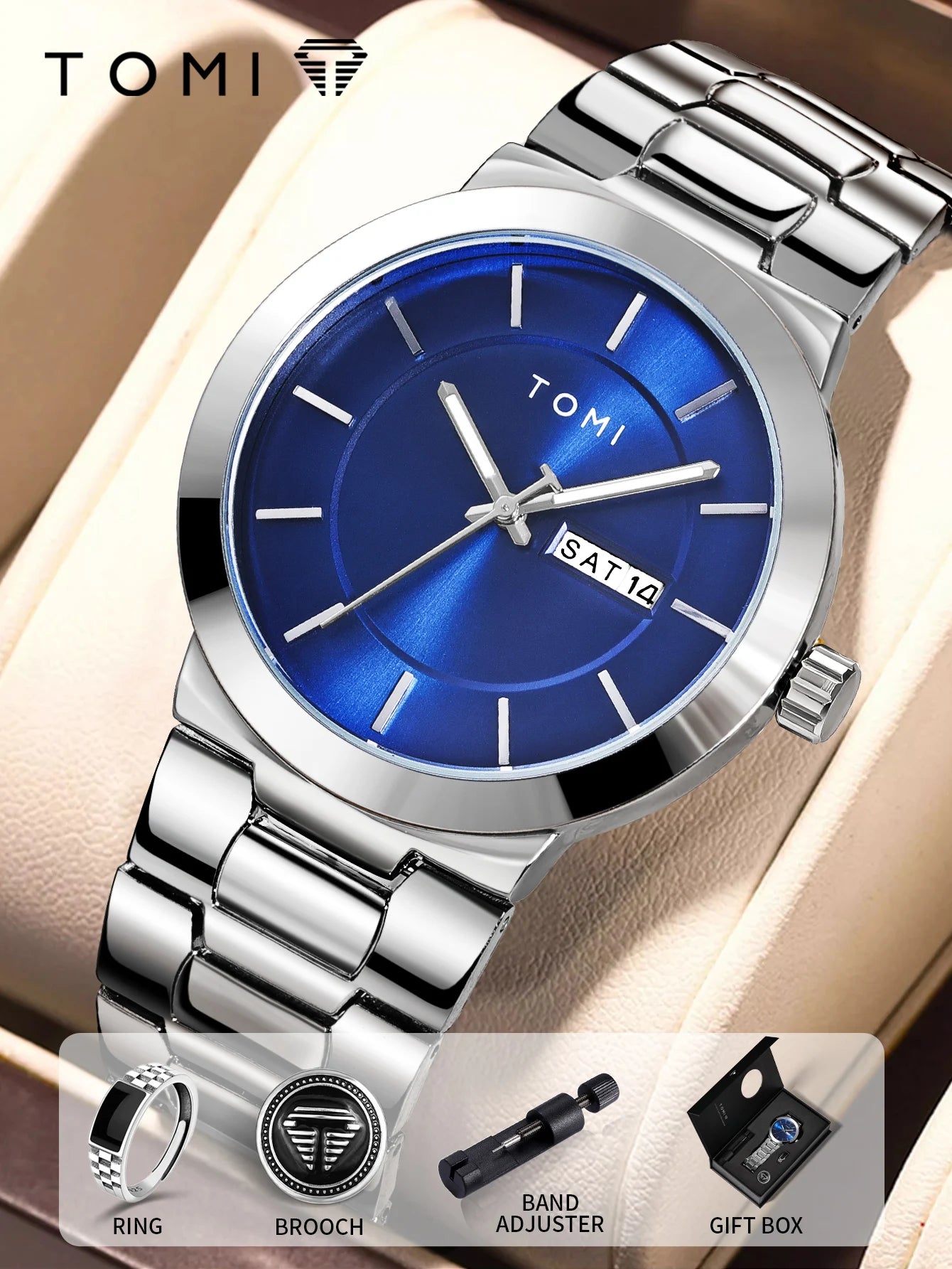 TOMI men’s blue dial minimalist watch with stainless steel bracelet and date display