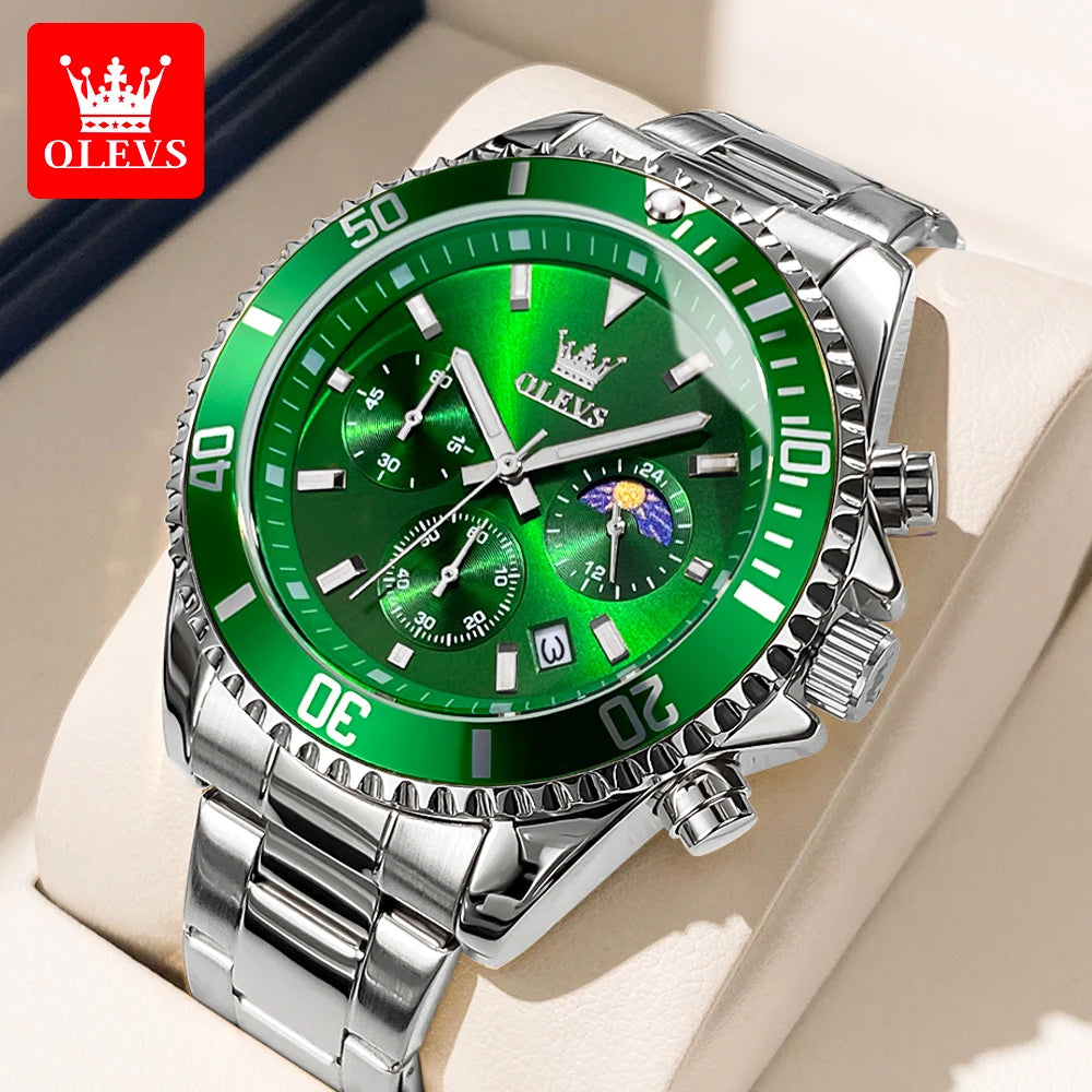 OLEVS chronograph dive watch collection in gold, silver, black, green, and blue with mixed steel bracelets
