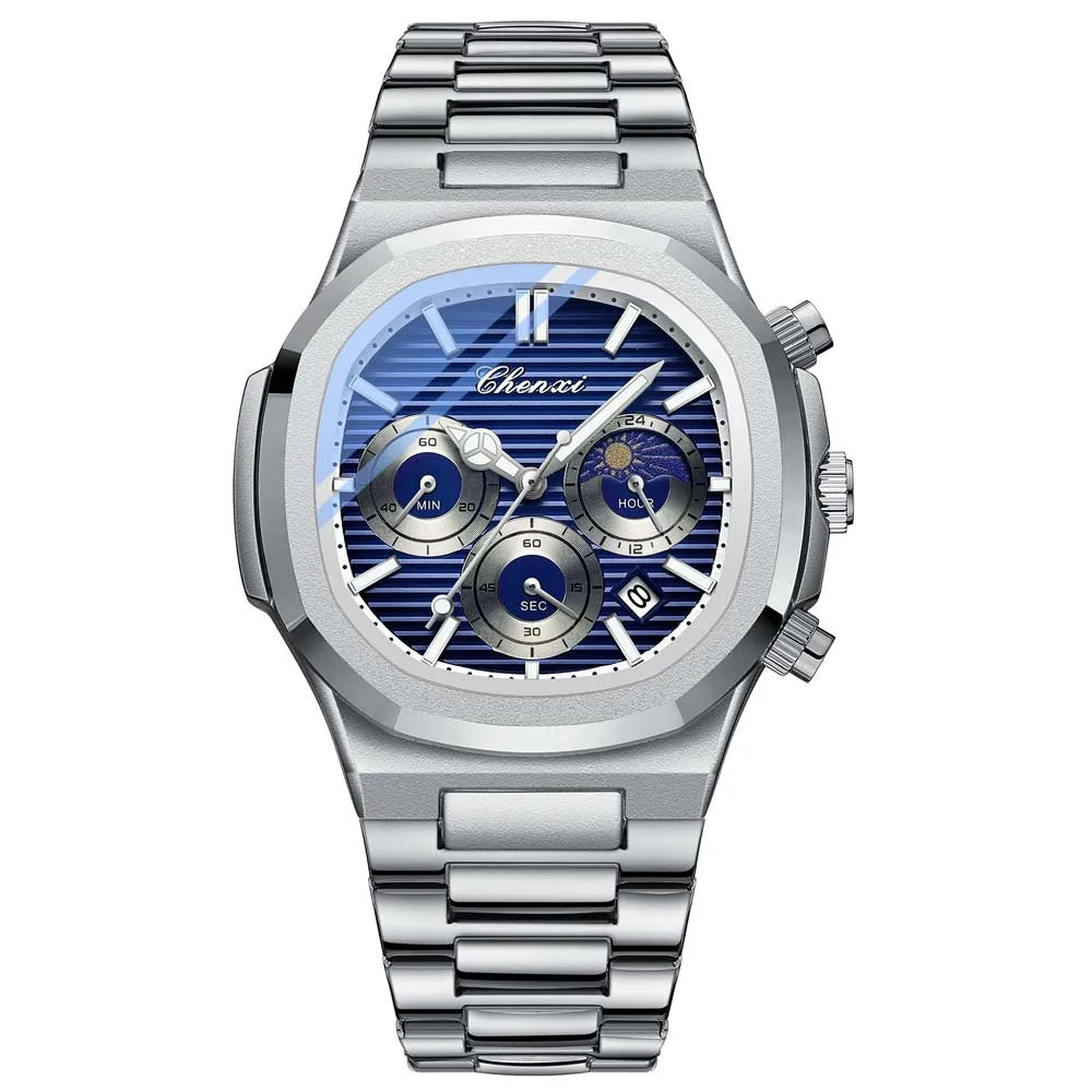 Ekonai blue chronograph watch, silver stainless steel bracelet, textured blue dial, multi-subdials