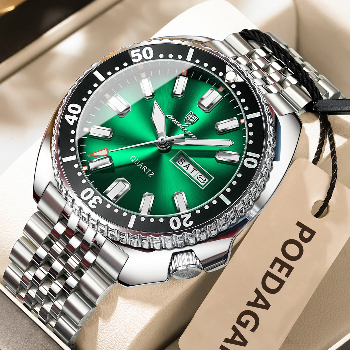 Pagani Design green diver watch with stainless steel bracelet and luminous markers