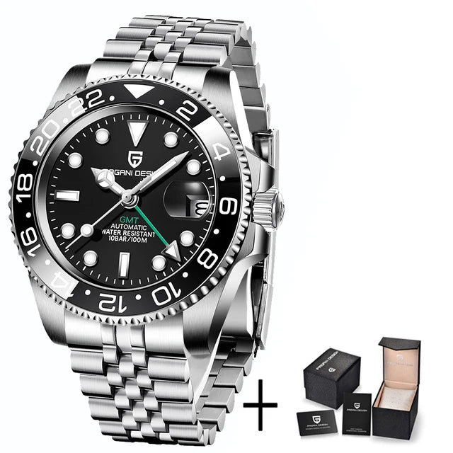Pagani Design Pepsi GMT automatic men’s watch, red-blue bezel, black dial, Jubilee steel bracelet