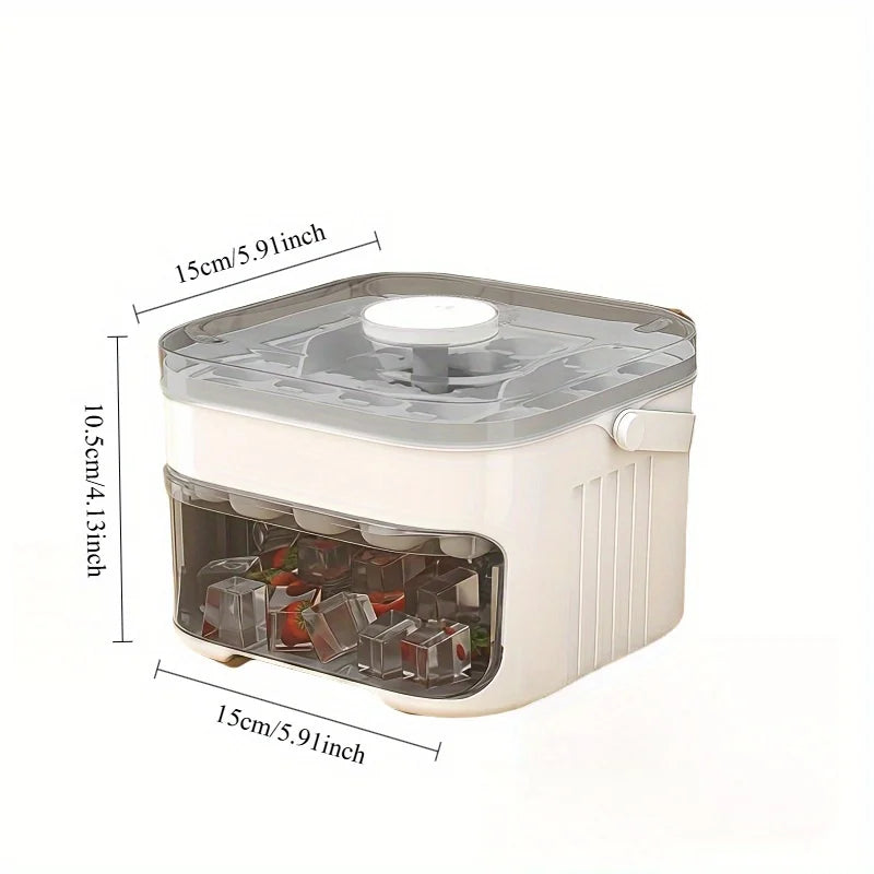 Large capacity ice cube box with easy-release lid, scoop, and clear storage bin