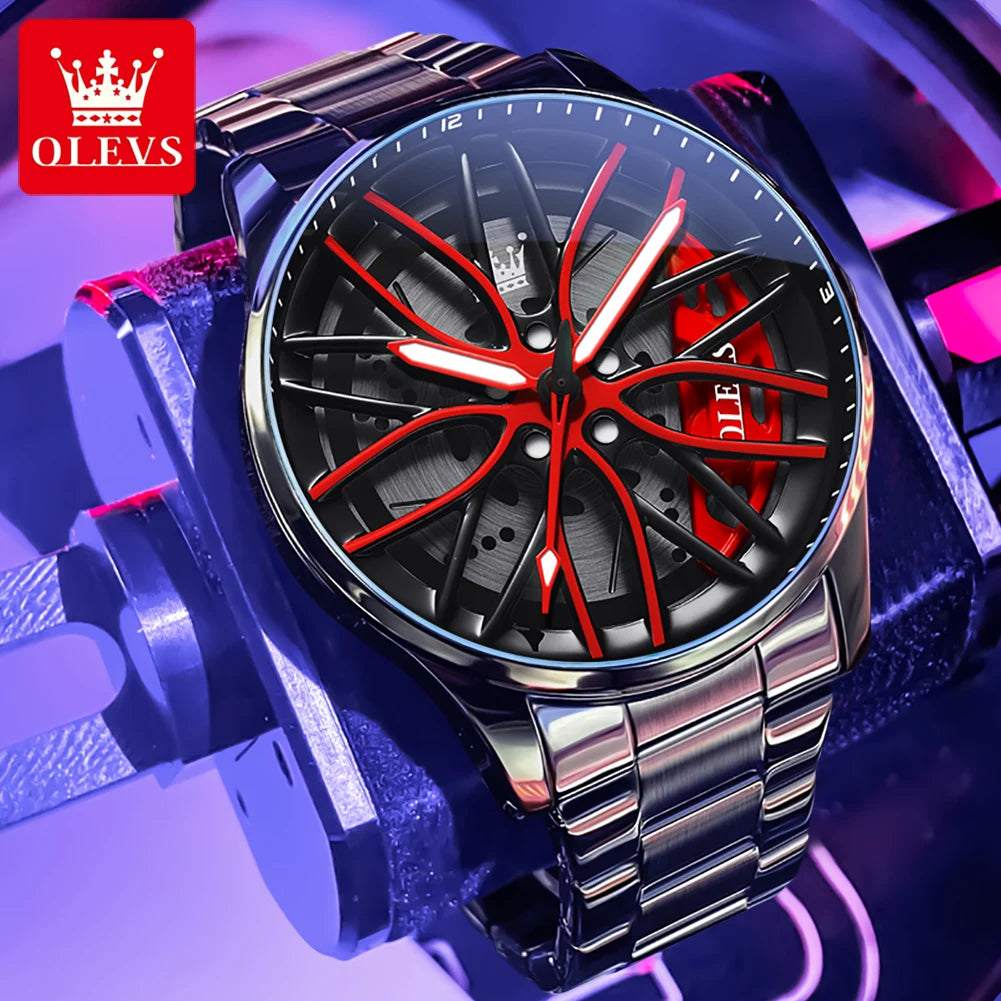 OLEVS men’s green skeleton wheel watch with black stainless bracelet and futuristic luminous dial”