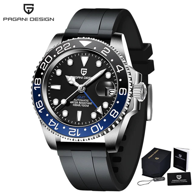 Pagani Design Pepsi GMT automatic men’s watch, red-blue bezel, black dial, Jubilee steel bracelet