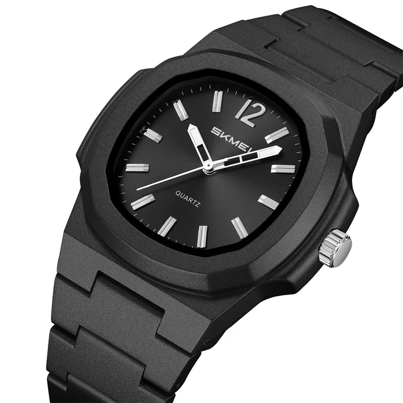 stainless steel octagonal men’s watch with minimalist black dial
