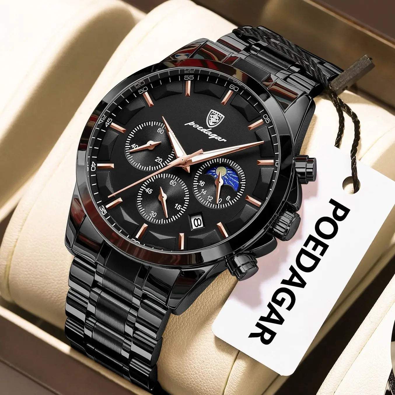 PAGANI DESIGN luxury black chronograph men’s watch with moon phase and subdials