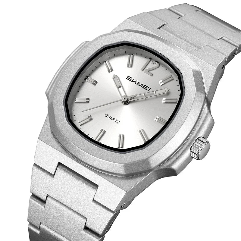 stainless steel octagonal men’s watch with minimalist black dial
