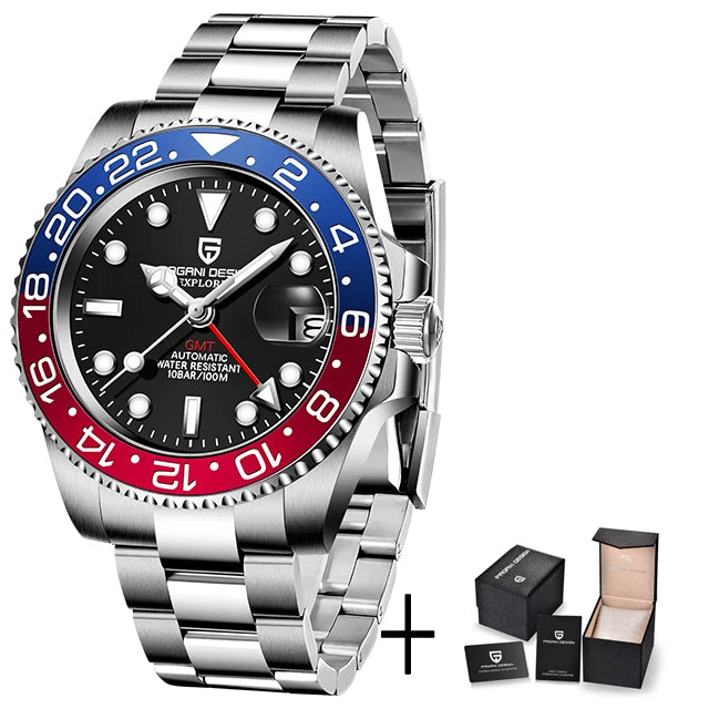Pagani Design Pepsi GMT automatic men’s watch, red-blue bezel, black dial, Jubilee steel bracelet