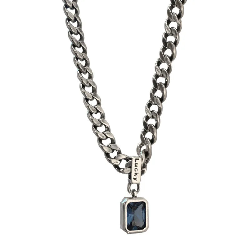 Chunky chain necklace with blue gem pendant for modern fashion