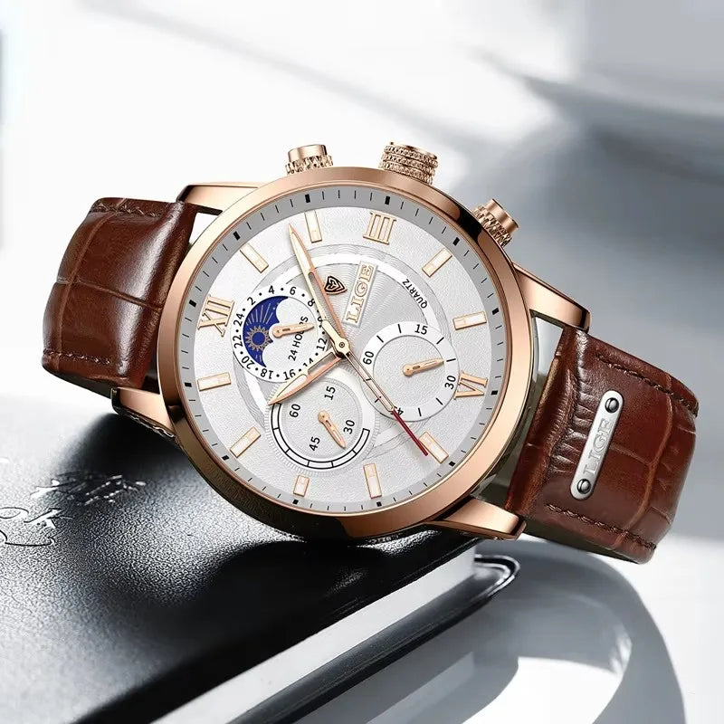 “LIGE rose gold chronograph watch, white dial, brown leather strap, moonphase subdial, formal men’s style