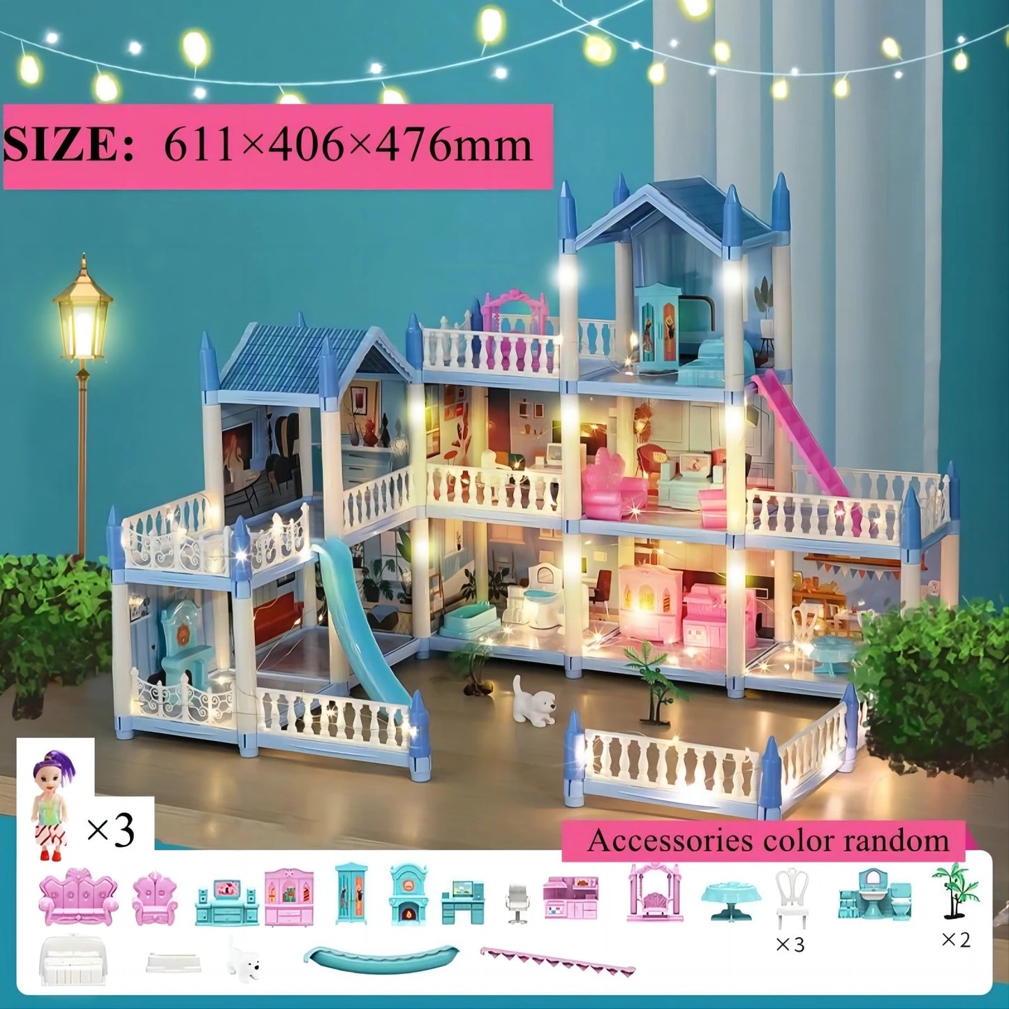 Large multi-story luxury dollhouse playset with family, rooms, and accessories