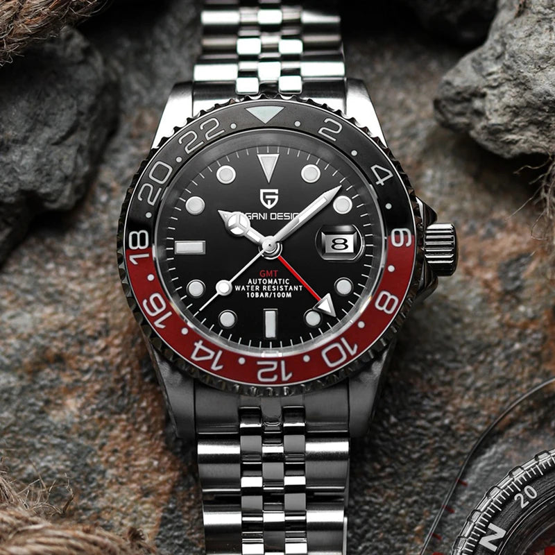 Pagani Design Pepsi GMT automatic men’s watch, red-blue bezel, black dial, Jubilee steel bracelet