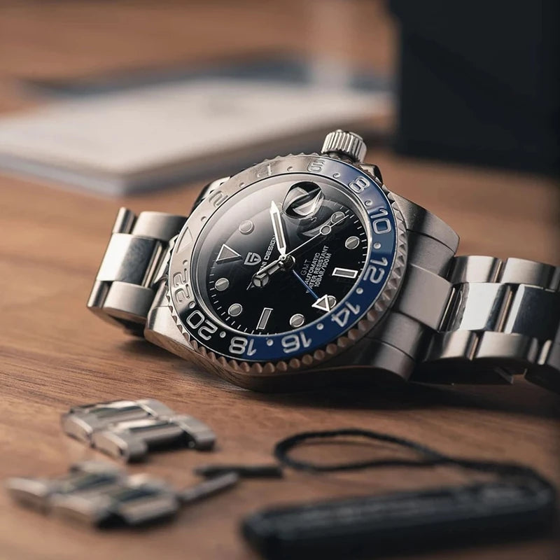 Pagani Design Pepsi GMT automatic men’s watch, red-blue bezel, black dial, Jubilee steel bracelet