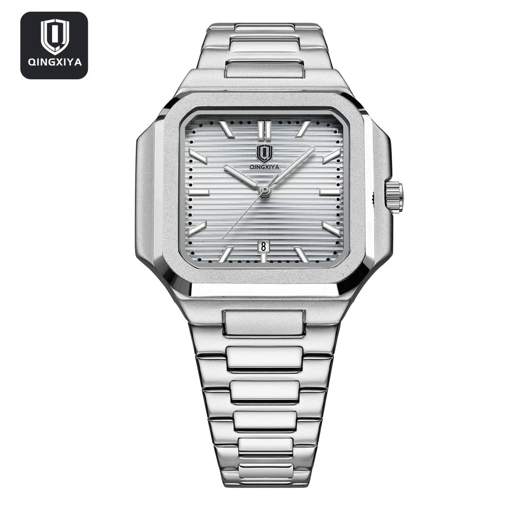 Modern men’s square stainless steel watch with textured dial and link bracelet