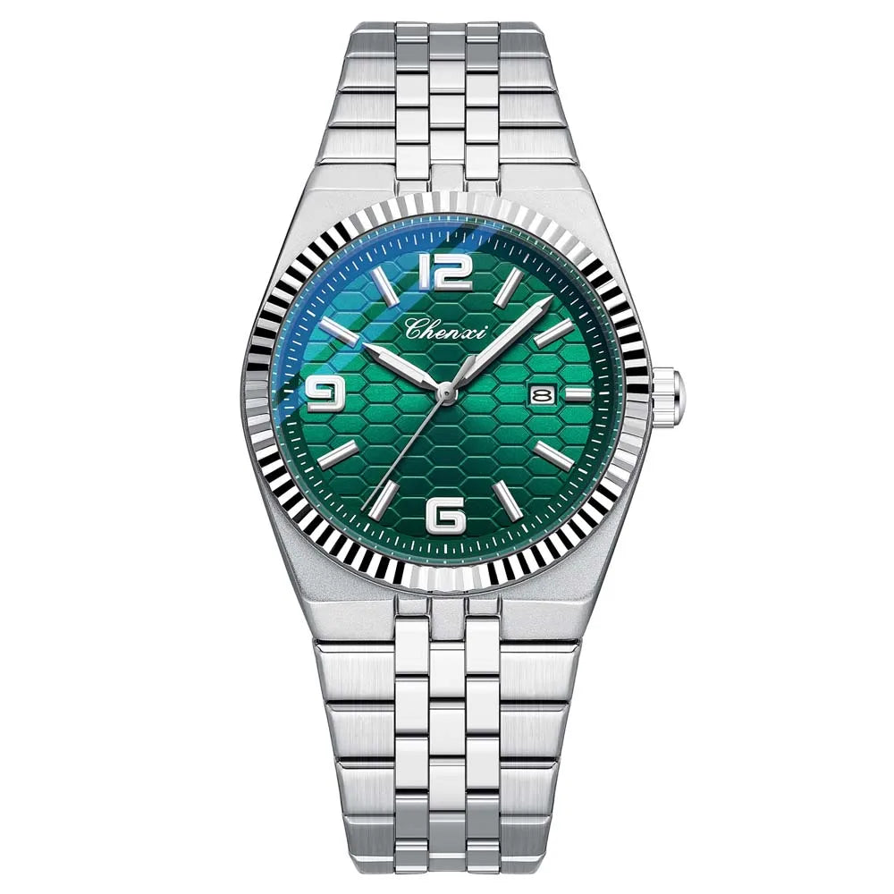 Cheetah men’s luxury watch with green textured dial and stainless steel bracelet