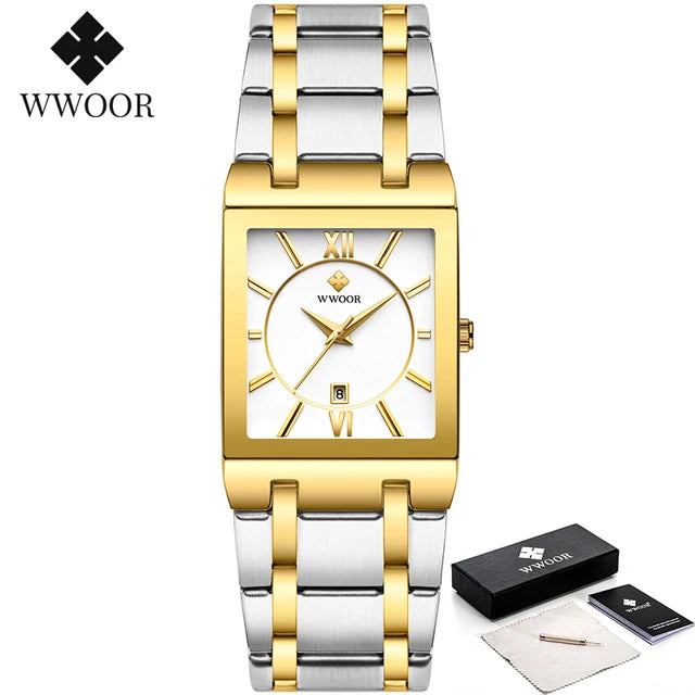 WWOOR men’s square blue dial watch with gold markers and blue steel bracelet