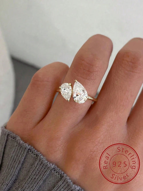 Sterling silver adjustable ring with double teardrop crystals
