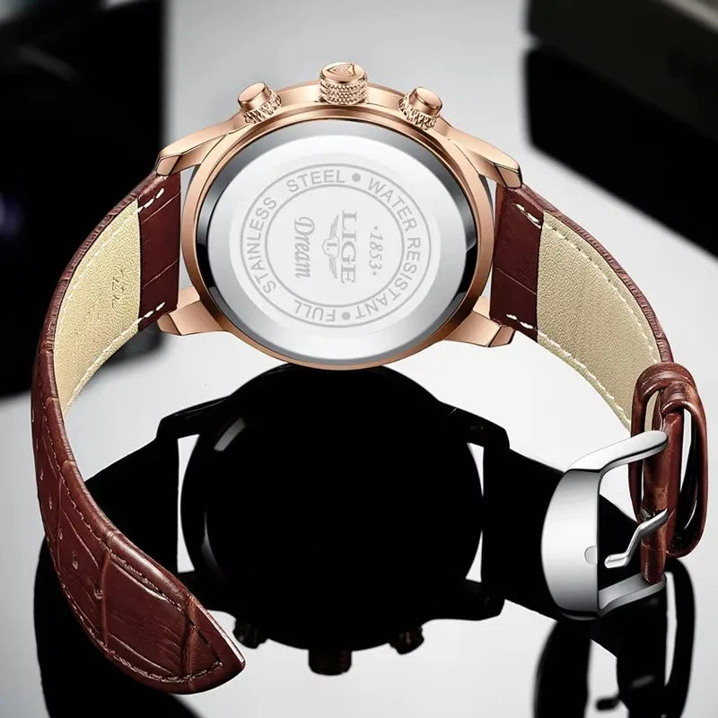 “LIGE rose gold chronograph watch, white dial, brown leather strap, moonphase subdial, formal men’s style