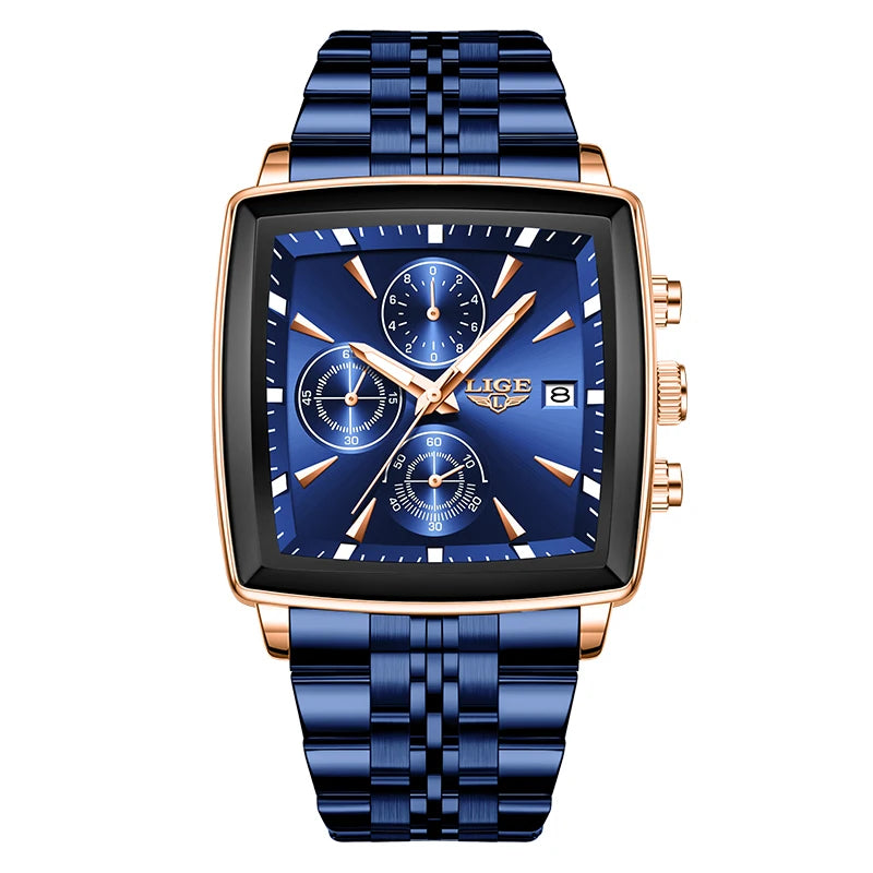 Luxury men’s square chronograph watch with black dial, gold case, and two-tone stainless steel bracelet”