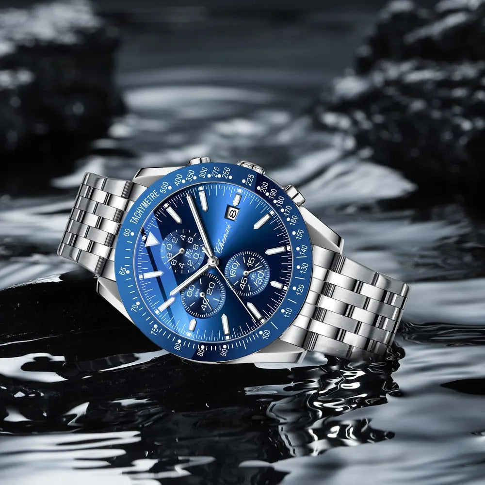 Biden blue racing chronograph watch, leather strap, sunburst dial, subdials, stainless steel case