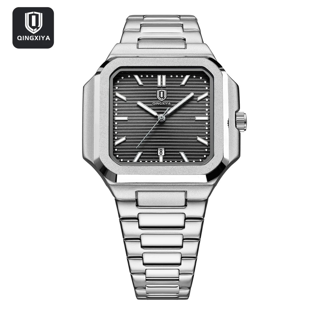Modern men’s square stainless steel watch with textured dial and link bracelet