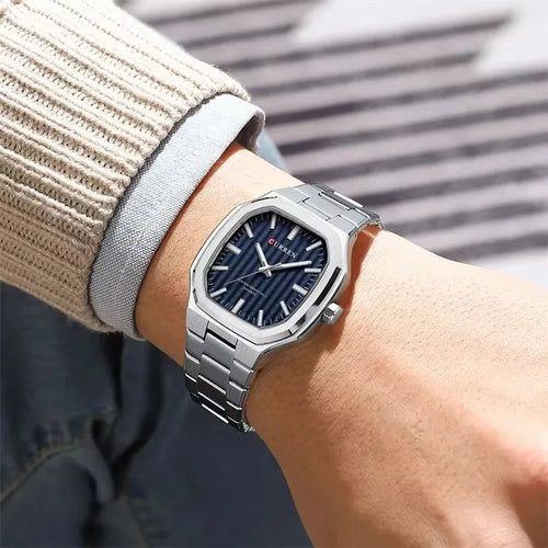 CURREN men’s luxury stainless steel octagonal watch with blue textured dial
