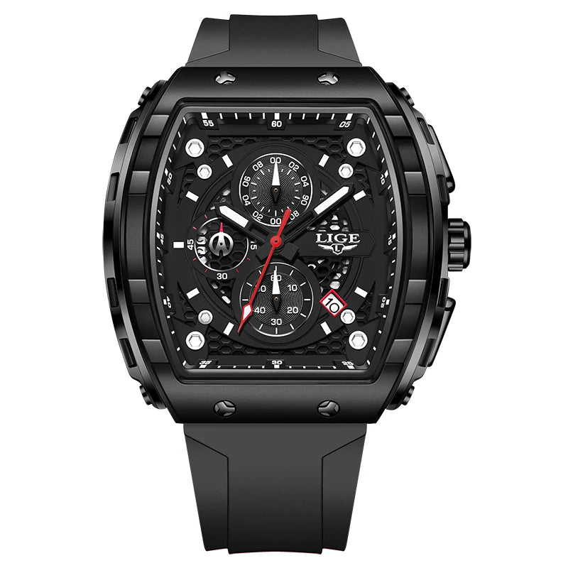 LIGE tonneau sport luxury men’s chronograph watch with black dial, gold accents, silicone strap”